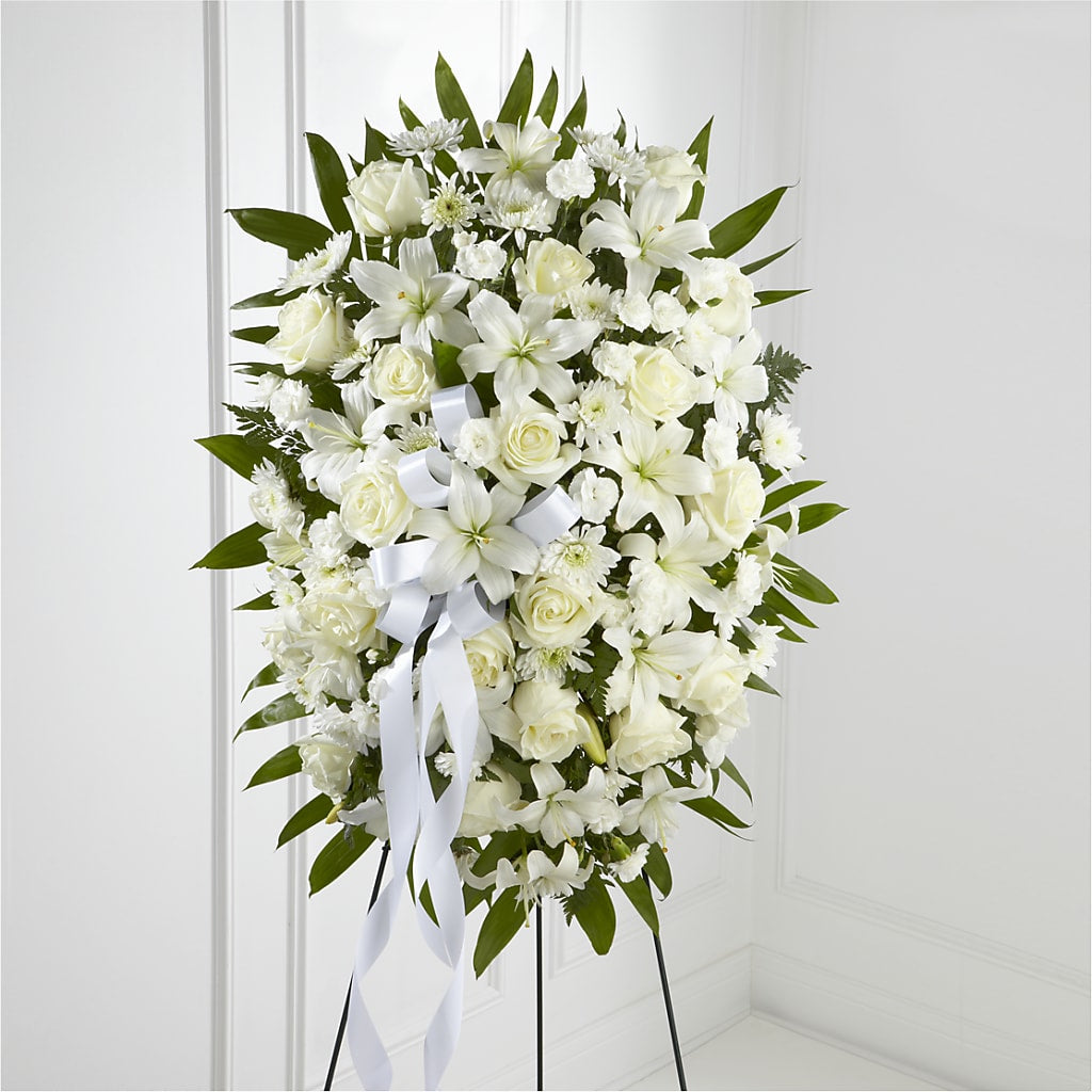Exquisite Tribute Standing Spray-White Ribbon – Colchester Florist, Colchester CT