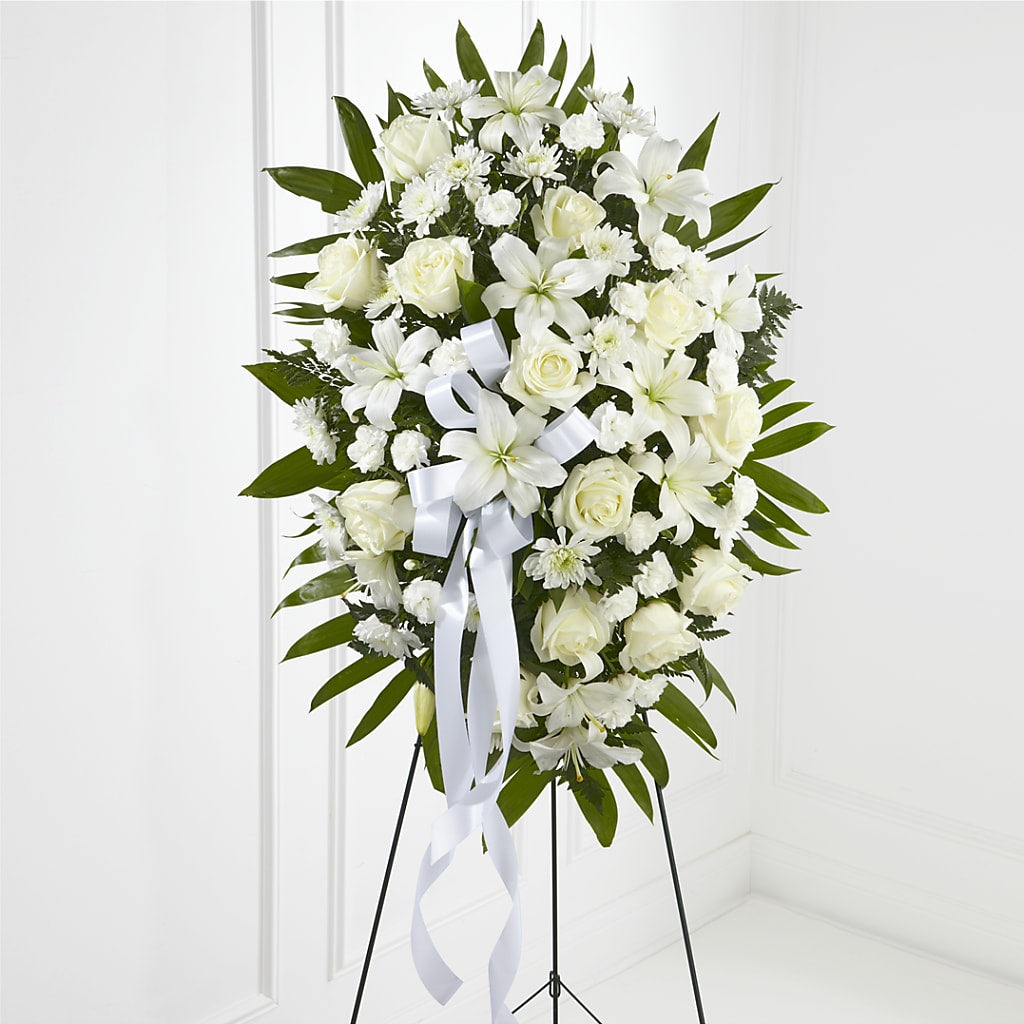Exquisite Tribute Standing Spray-White Ribbon – Colchester Florist, Colchester CT
